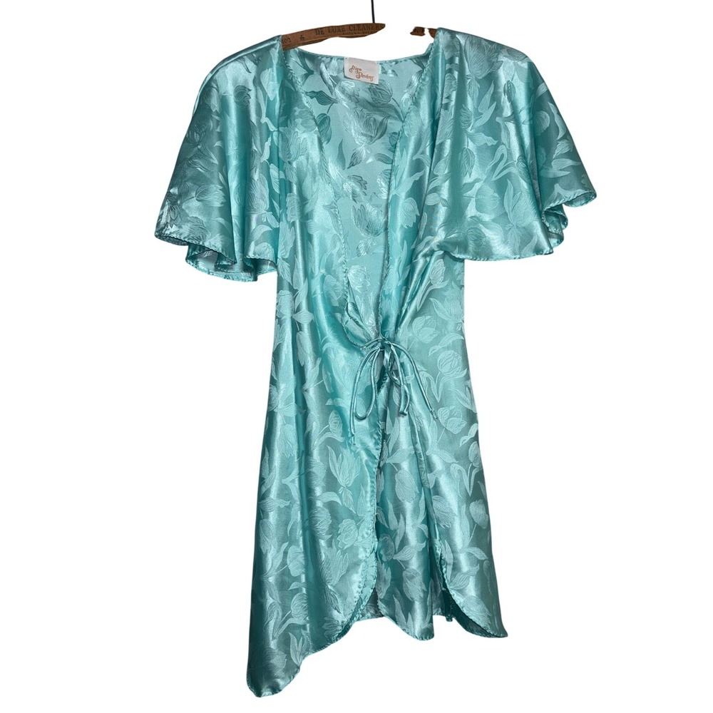 Vintage Ilise Stevens Aqua Blue Floral Satin Jacquard Flutter Sleeve Robe Medium